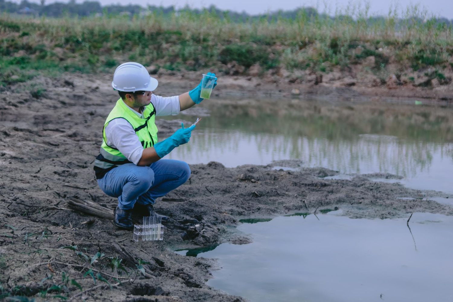 Person in safety gear crouches by water, testing a sample with a small device.
