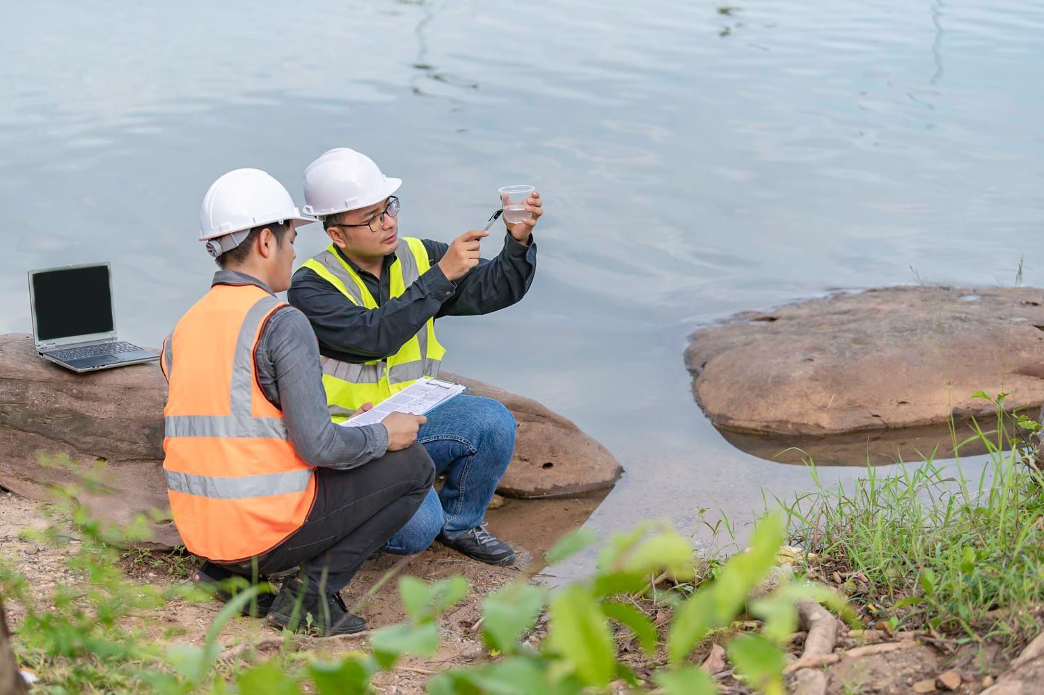 Two people in safety vests examine a water sample near a body of water.