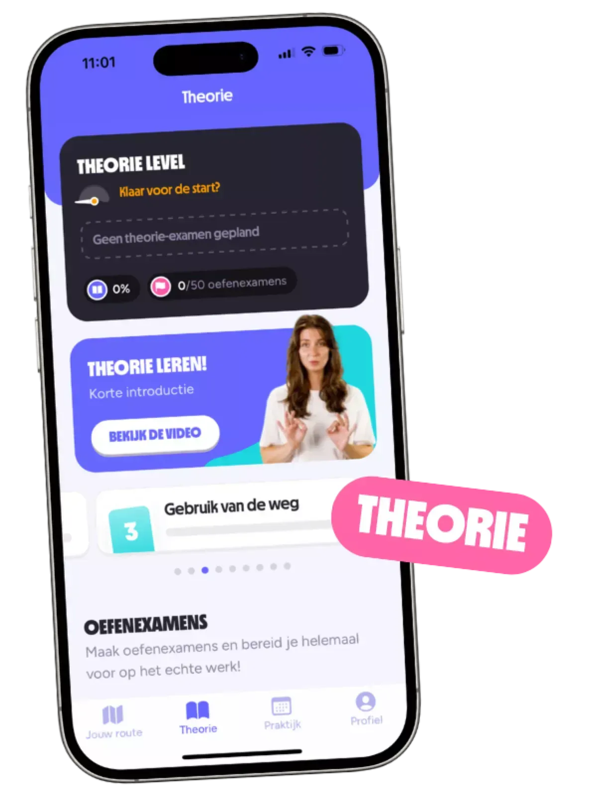 Smartphone-app voor theorielessen. Kenmerken: oefenexamen, vrouw in video, roze 