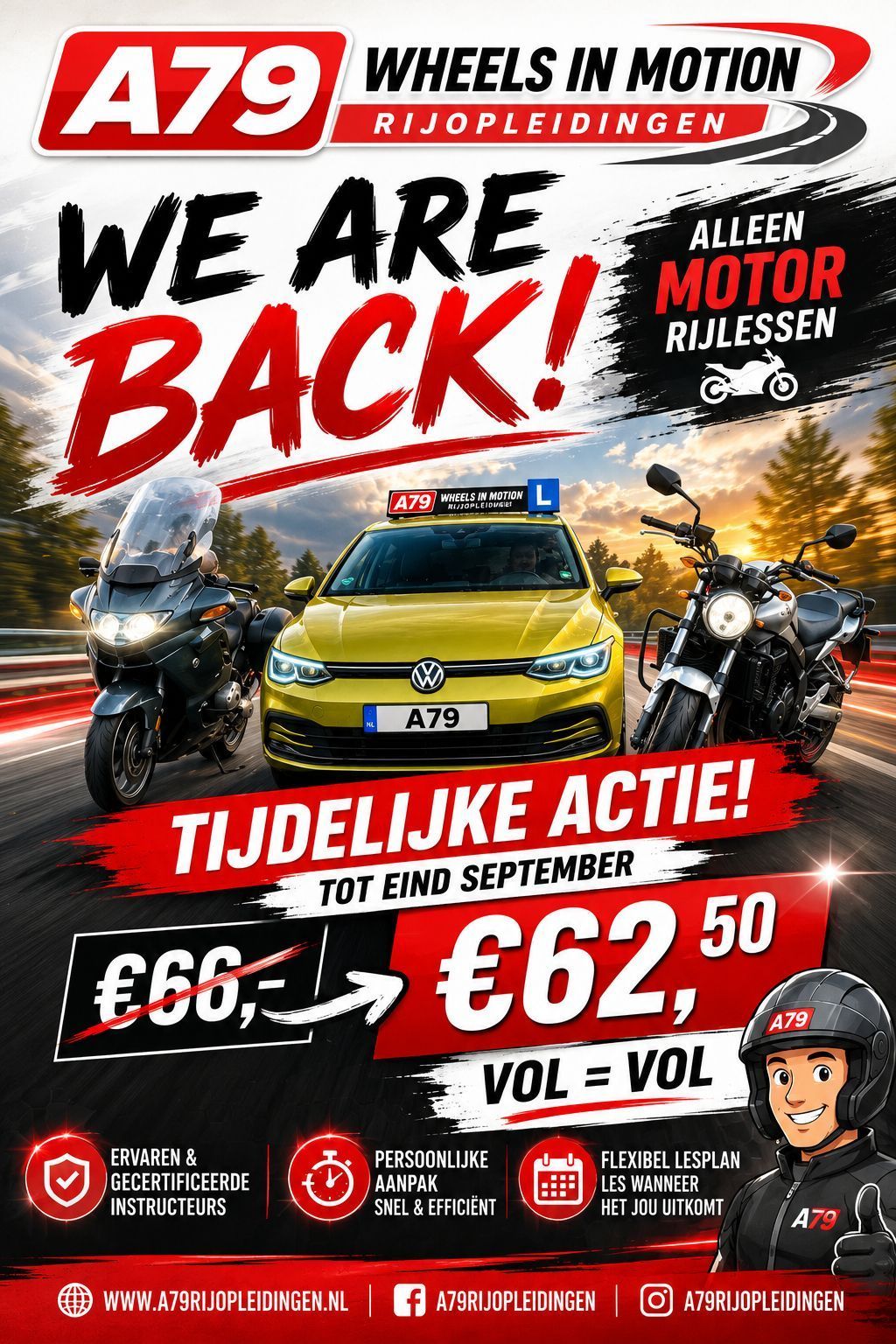 A79 kortingsadvertentie met twee auto's, vetgedrukte rode tekst 