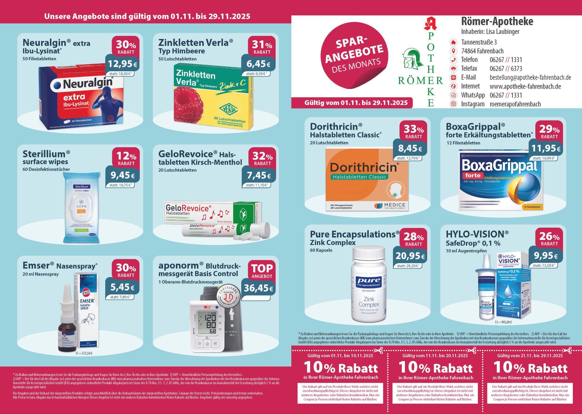 Ein Flyer für eine Apotheke mit der Aufschrift „10 % Rabatt“