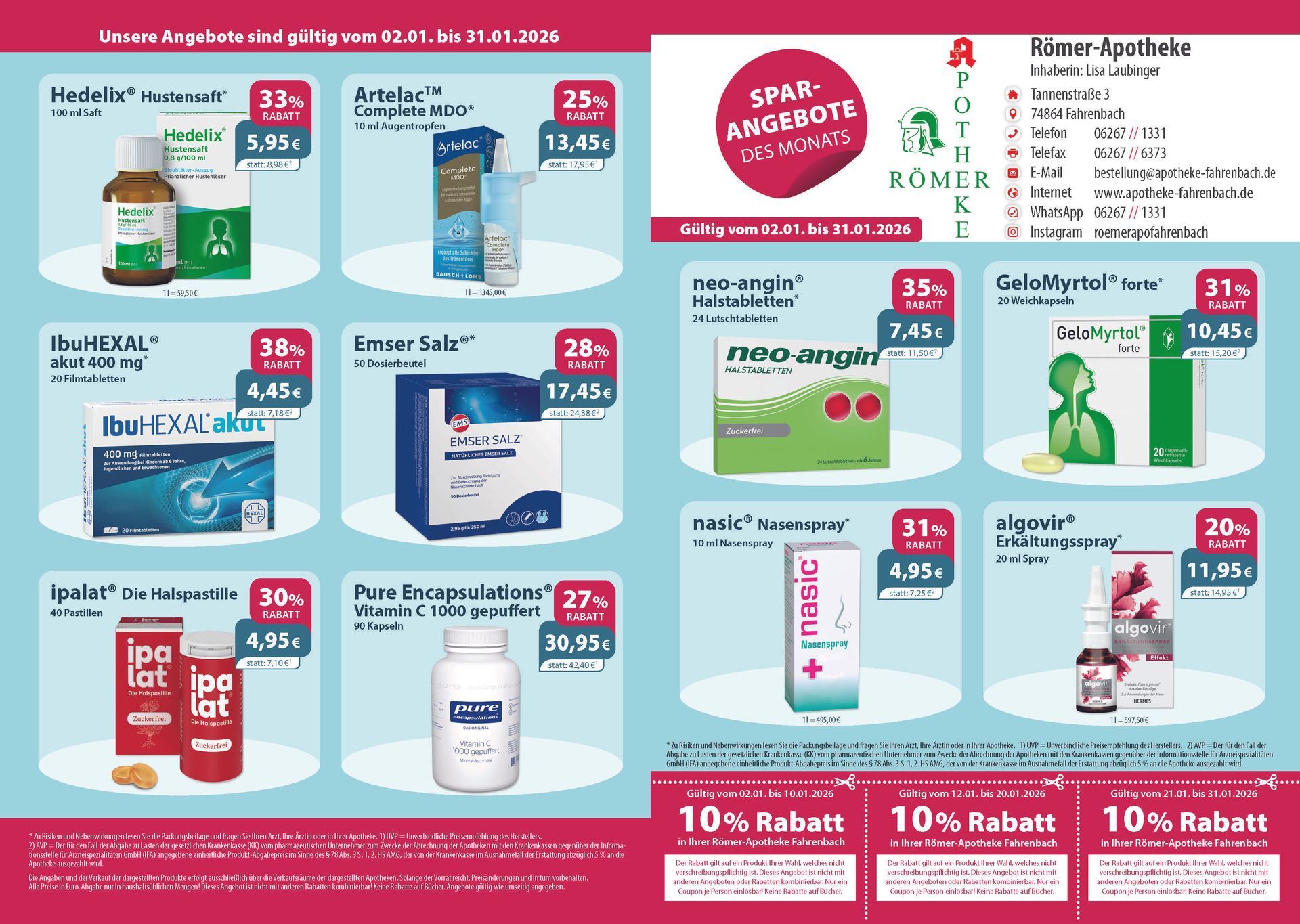 Ein Flyer für eine Apotheke mit der Aufschrift „10 % Rabatt“