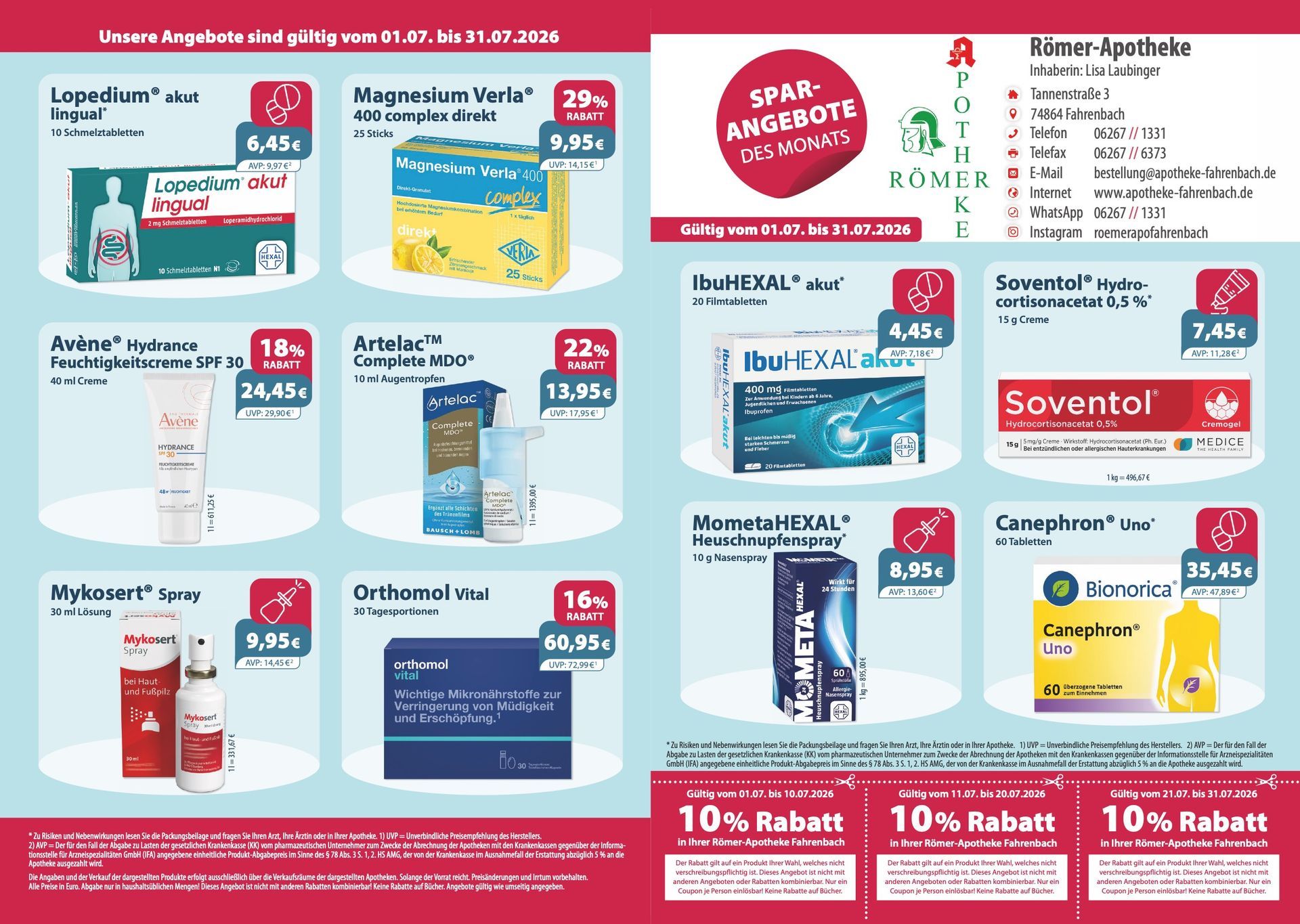 Ein Flyer für eine Apotheke mit der Aufschrift „10 % Rabatt“
