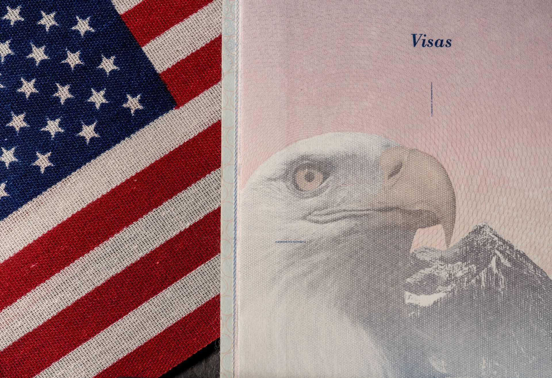U.S. flag beside a faded eagle and mountain on a Visa card design