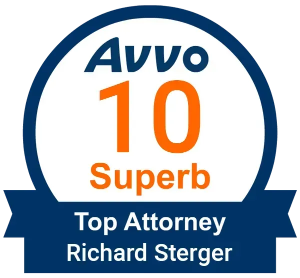 An Avvo 10 Superb Top Attorney badge for Richard Sterger, featuring bold blue and orange text on a white background.