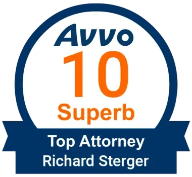An Avvo 10 Superb Top Attorney badge for Richard Sterger, featuring bold blue and orange text on a white background.