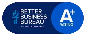 Blue and white Better Business Bureau accredited business badge with an A+ rating.