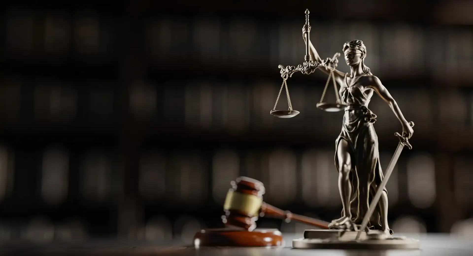 A statue of Lady Justice holding scales and a sword next to a wooden gavel in a dimly lit library.