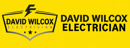Yellow David Wilcox Electrician logo with black text and lightning bolt icon