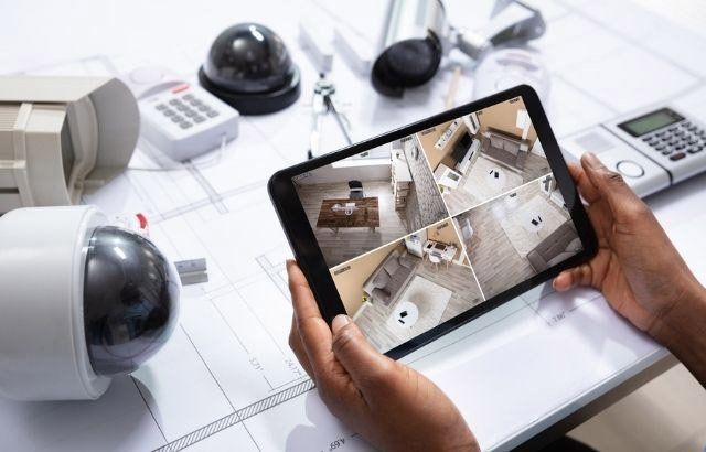 A person is holding a tablet with a security camera on it.
