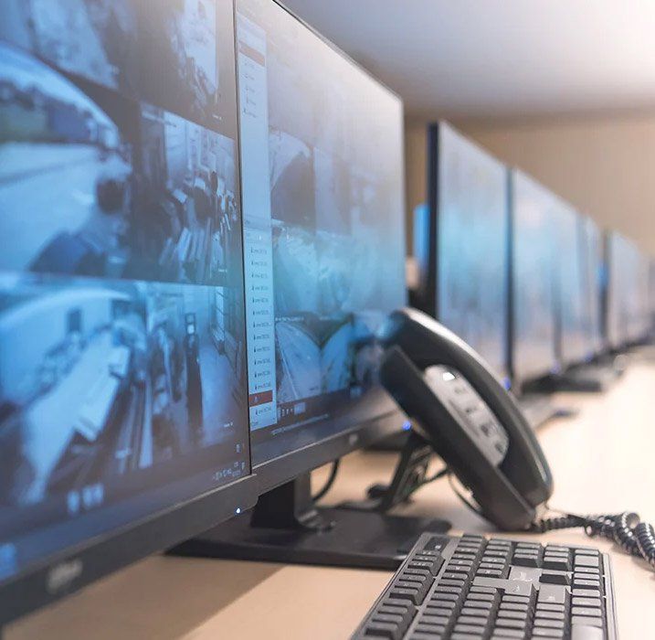 A row of computer monitors and a keyboard on a desk.