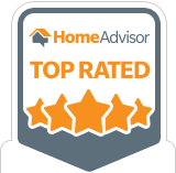 A home advisor top rated badge with five stars on it.