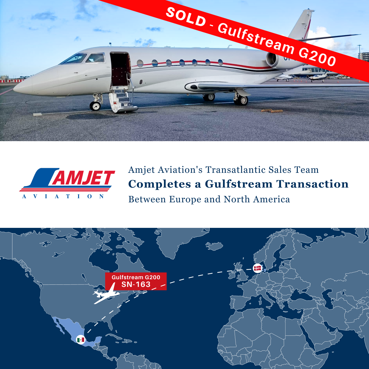 Sold Gulfstream G200 jet. Amjet Aviation transatlantic sales, map showing jet's flight path from Europe to North America.