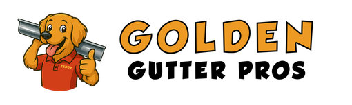 The logo for golden gutter pros shows a dog holding a gutter cleaner.