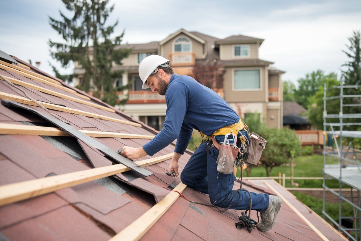 A man is working on the roof of a house.