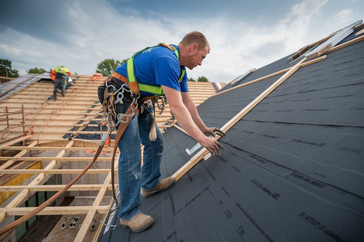 A man is working on the roof of a building.