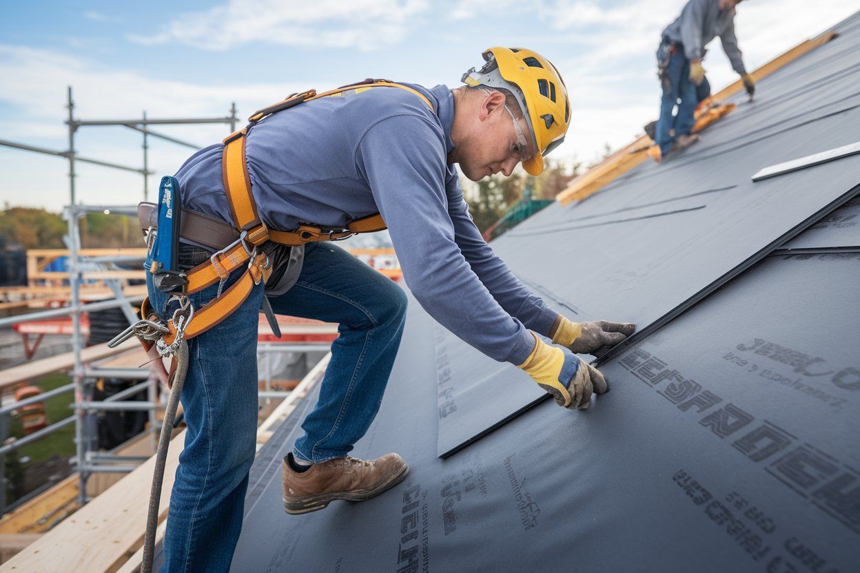 A man is working on the roof of a building.