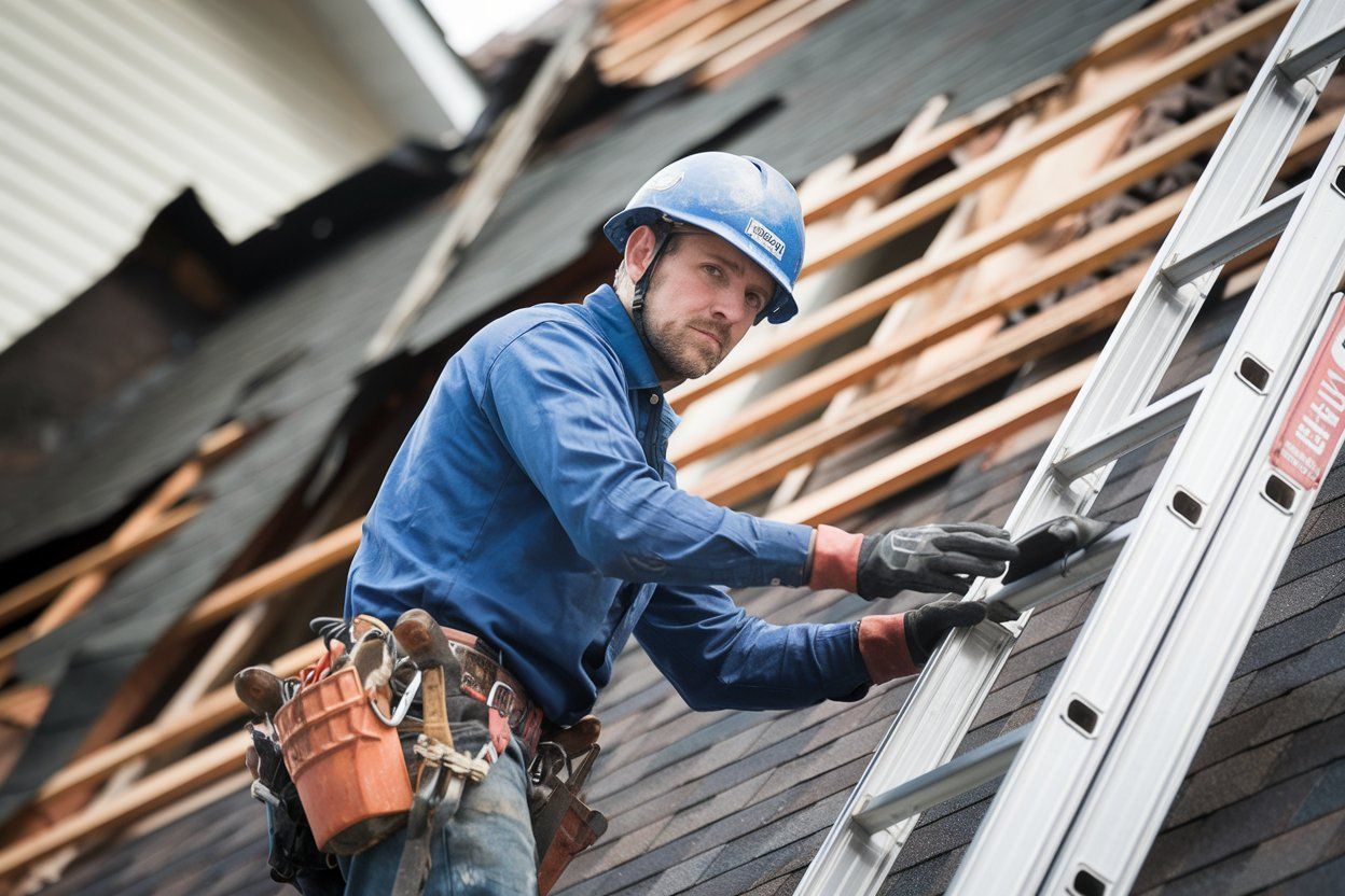 A man is working on a roof with a ladder.