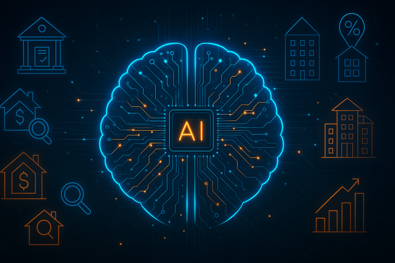 An illustration of a brain with a chip in the middle surrounded by buildings and graphs.