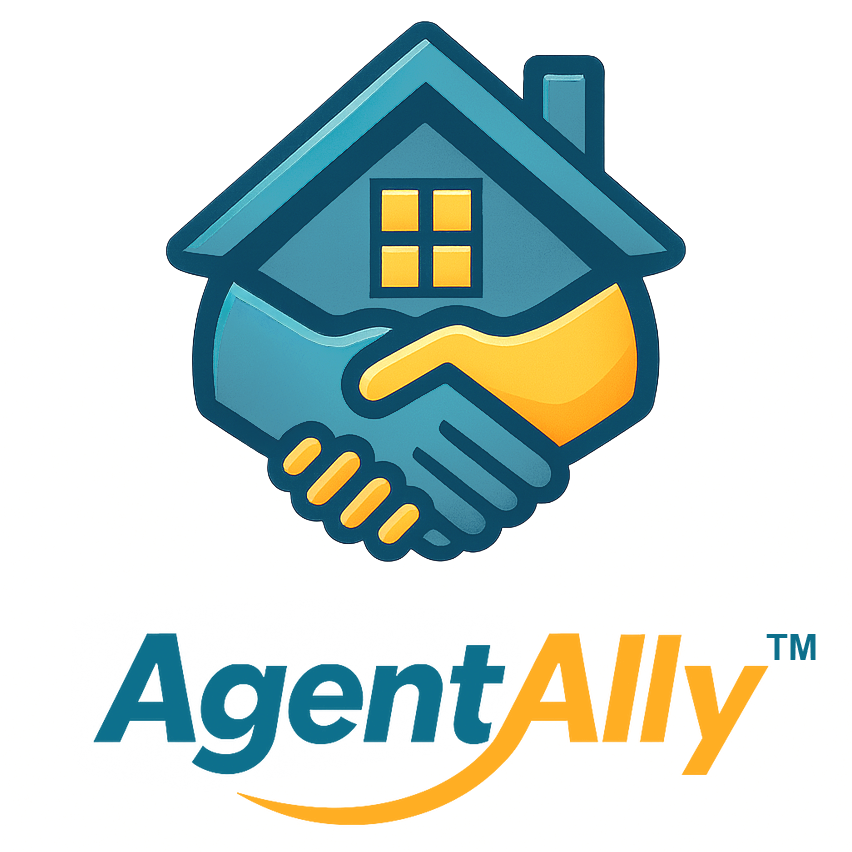 Logo for AgentAlly: a house with clasped hands, teal and gold colors.