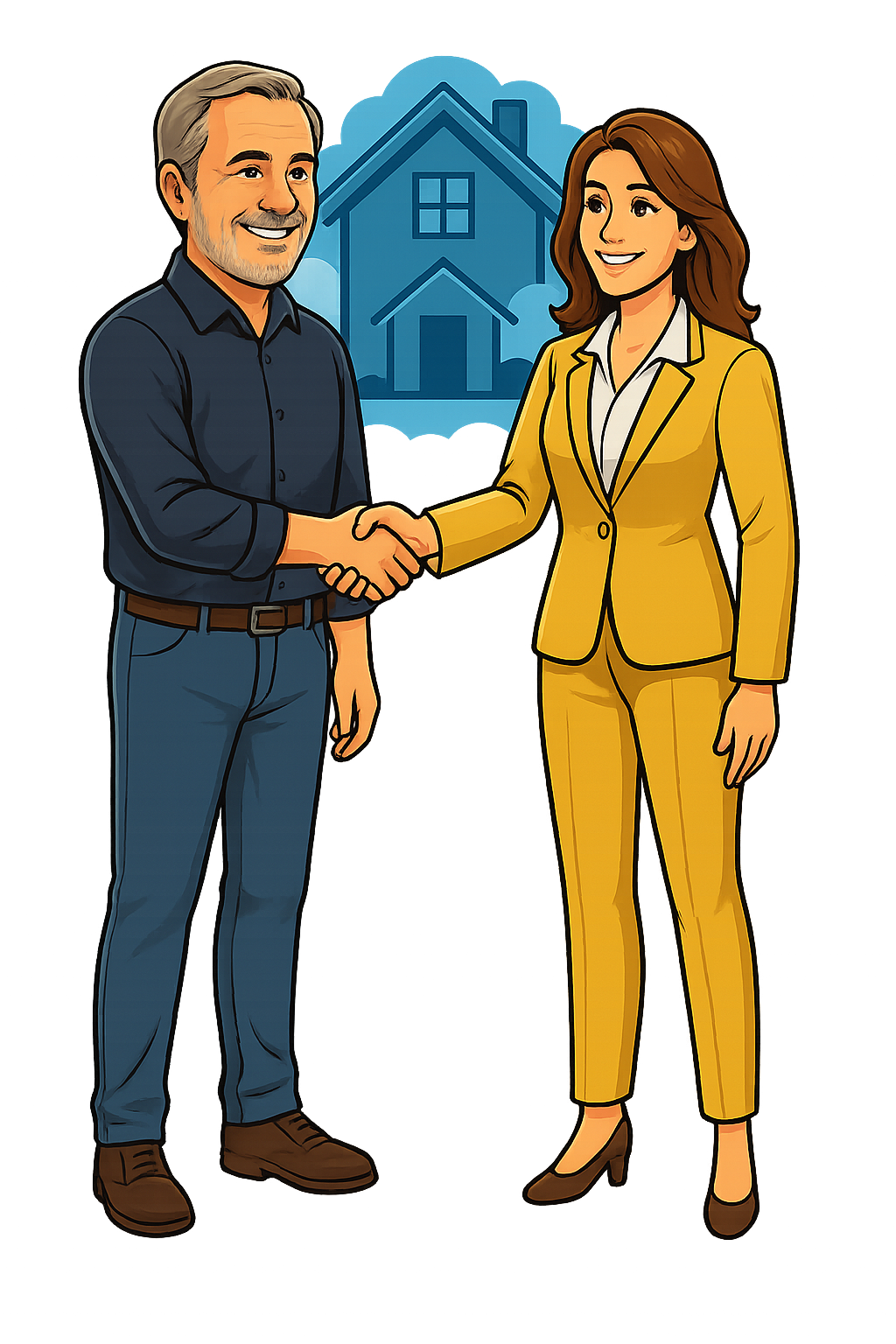 Man and woman shaking hands, smiling, with a house in the background, real estate deal.