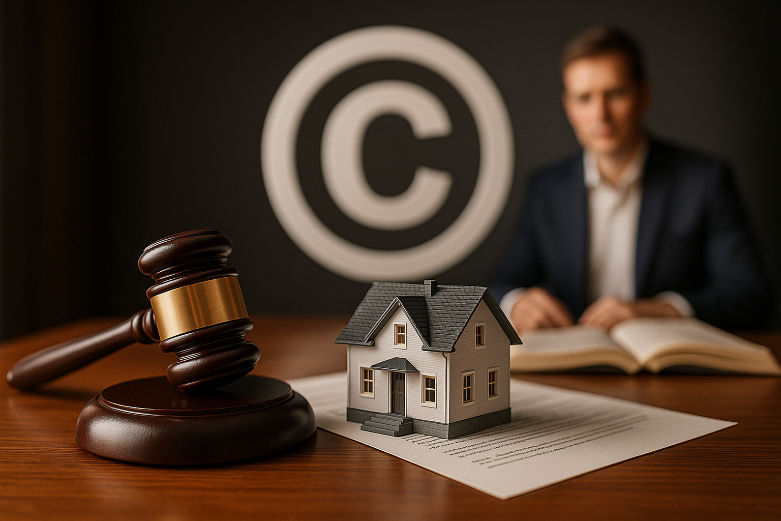 Gavel, toy house, document, and man with copyright symbol in background, suggesting a real estate legal matter.