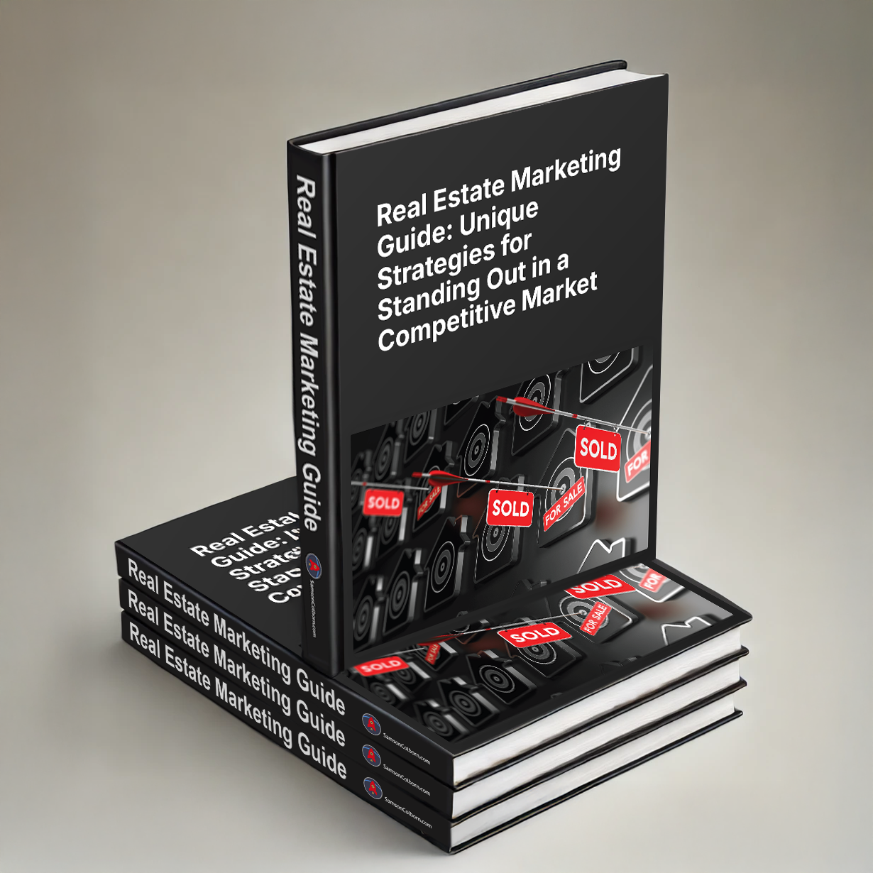 A real estate marketing guide is stacked on top of each other