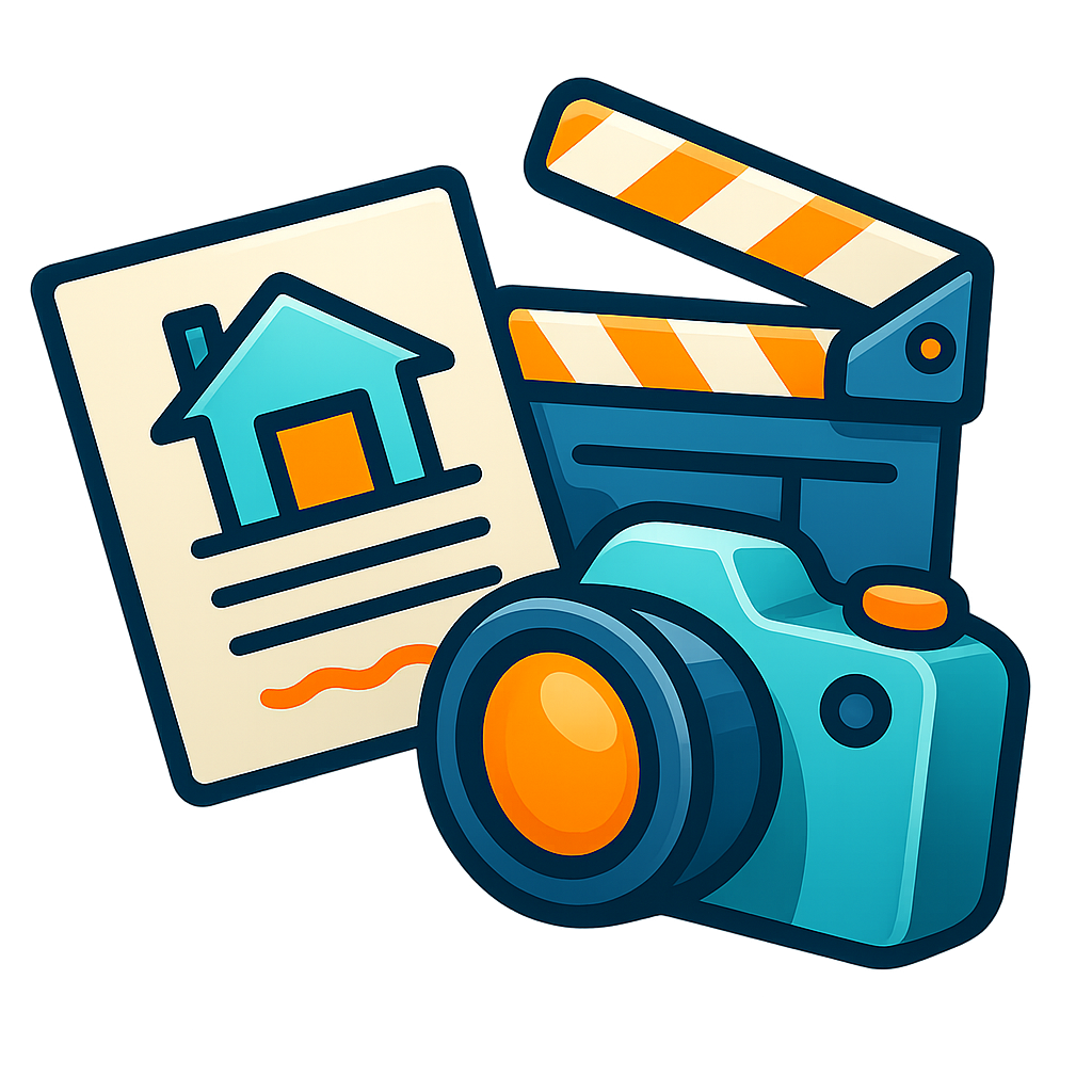Blue camera, clapperboard, and house document; filmmaking for real estate.