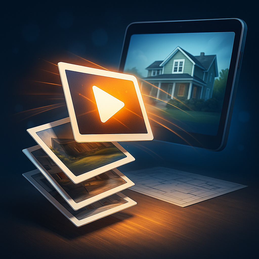 Tablet displaying house, video play icon, stack of images, and documents, all glowing.