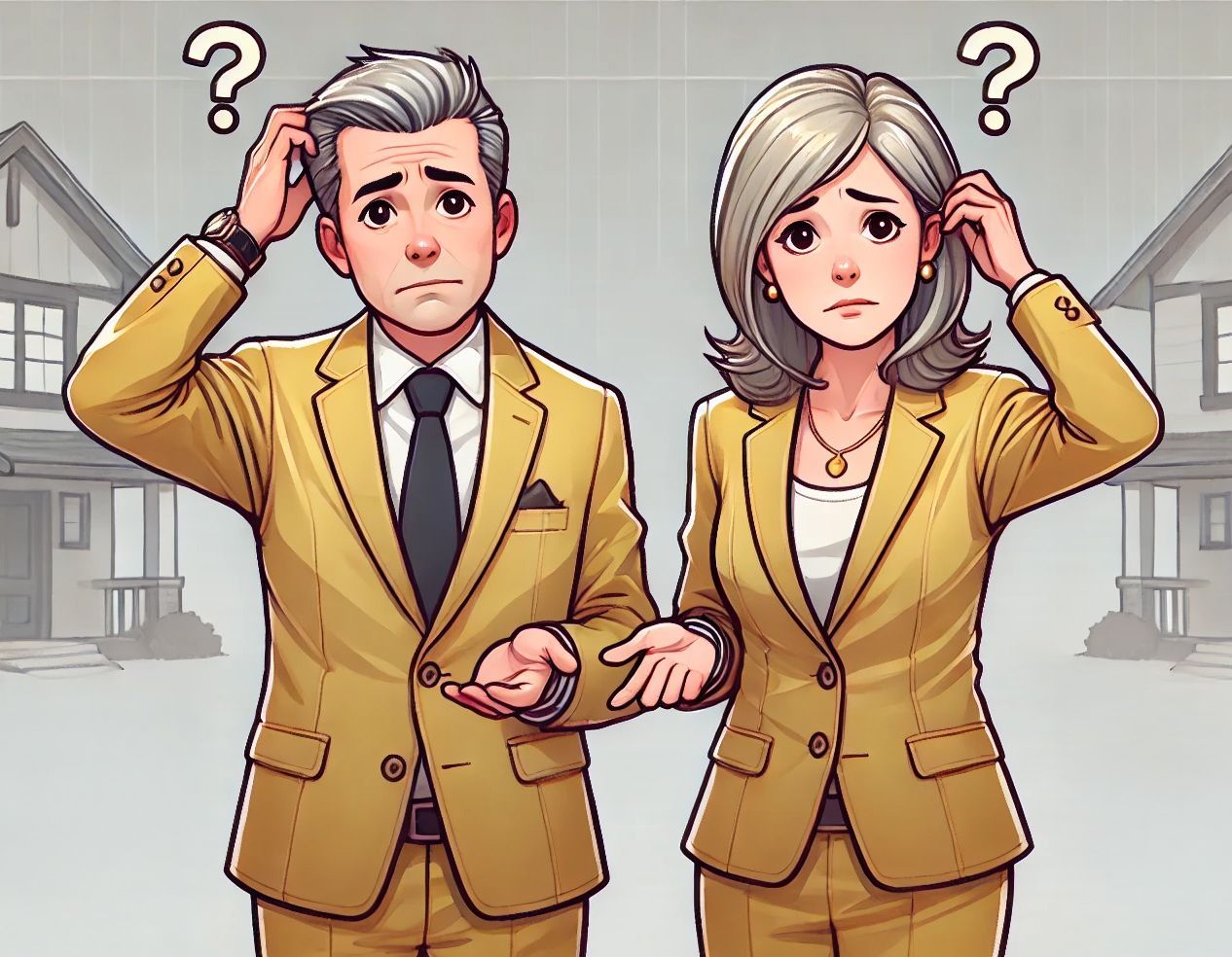 A man and a woman in suits are standing in front of a house.