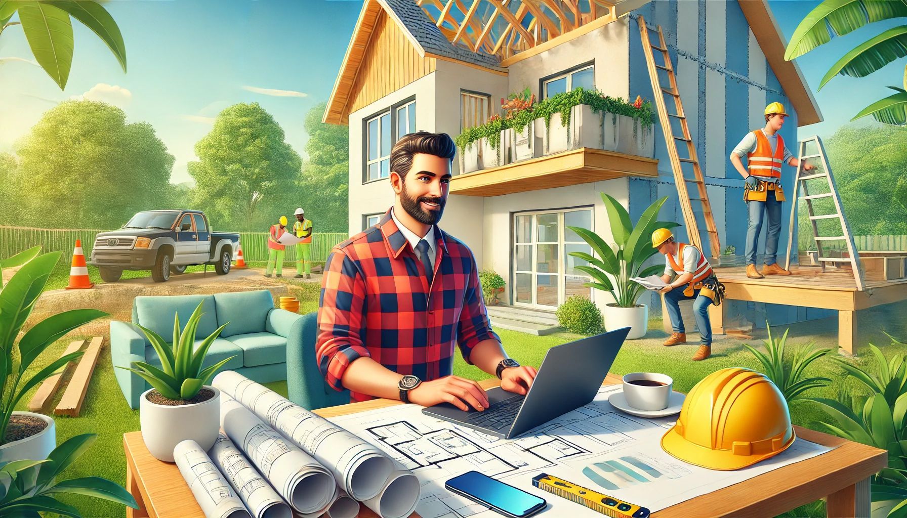 A man is sitting at a table with a laptop in front of a house under construction.