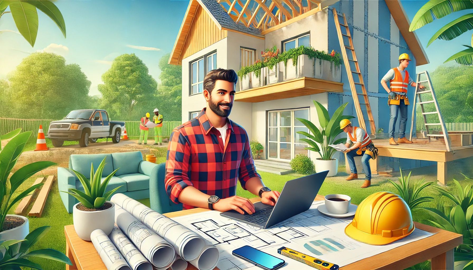 A man is sitting at a table with a laptop in front of a house under construction.