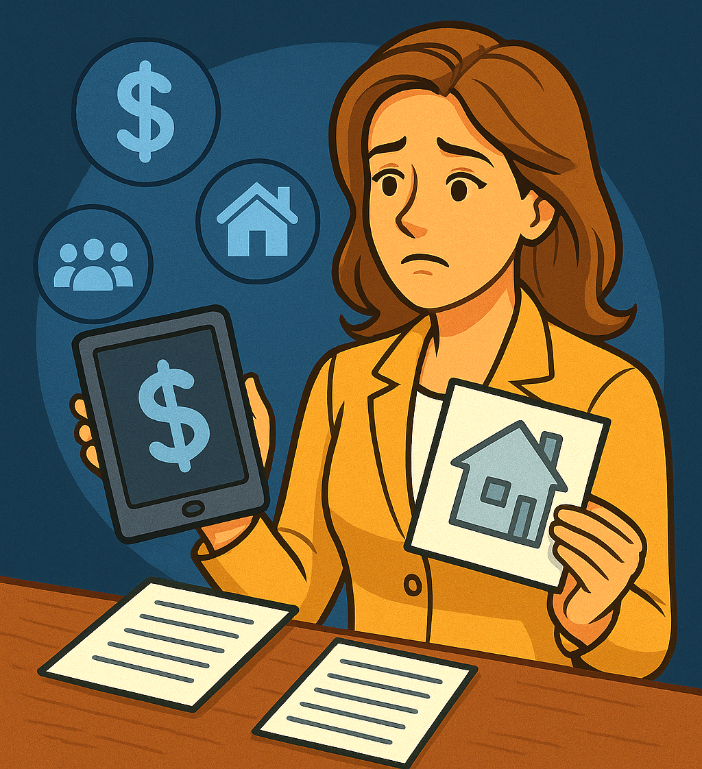 Woman in yellow blazer looks stressed, holding tablet and paper with financial symbols.