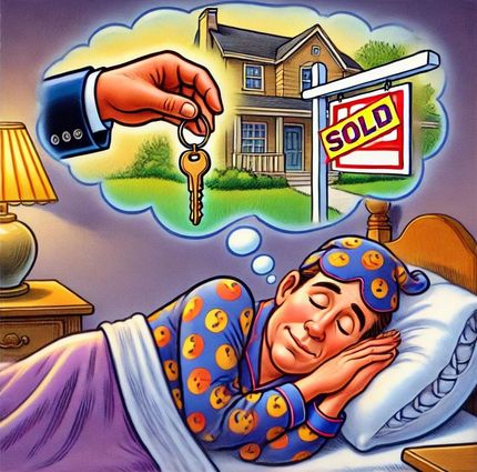 A cartoon of a man sleeping with a sold sign above his head