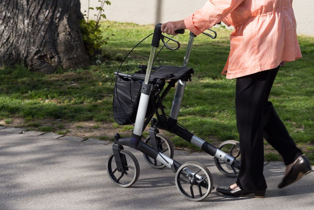 Lady Walks With Rollator In Park - Rehabilitation in Brisbane, QLD