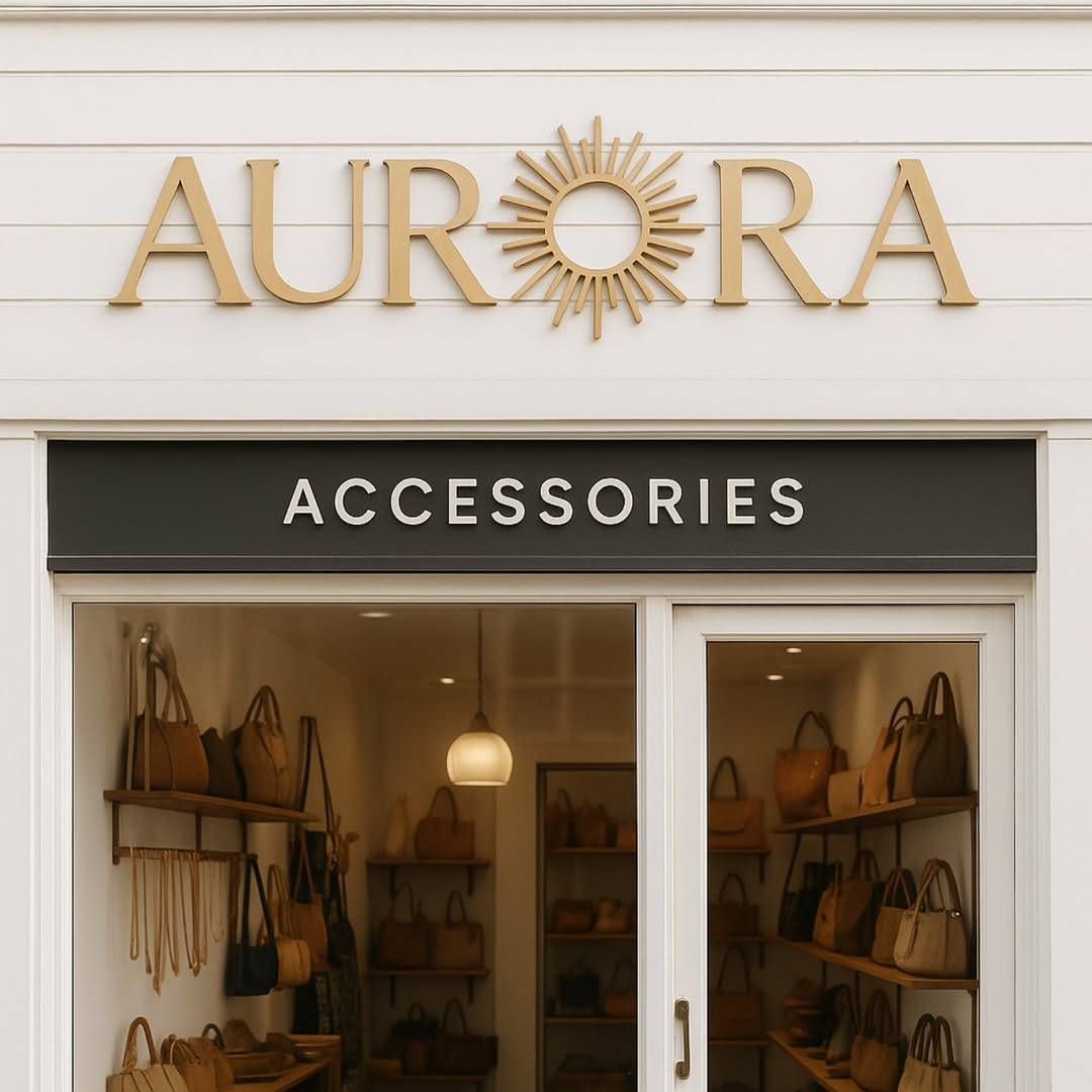 Fachada de la tienda Aurora Accessories con exposición de bolsos y joyas. Letras doradas.
