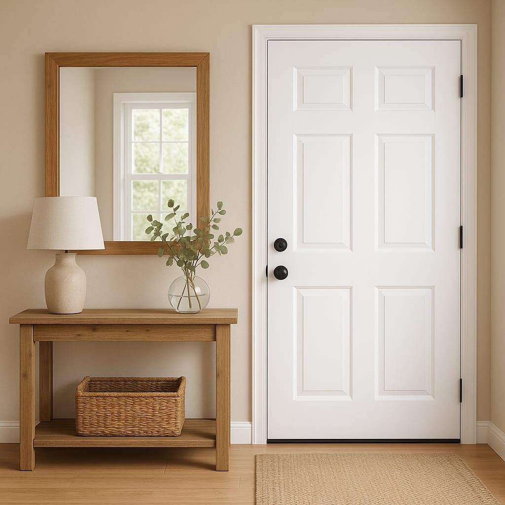 Entrada con puerta blanca, mesa de madera, espejo, lámpara, canasta y jarrón con plantas verdes.