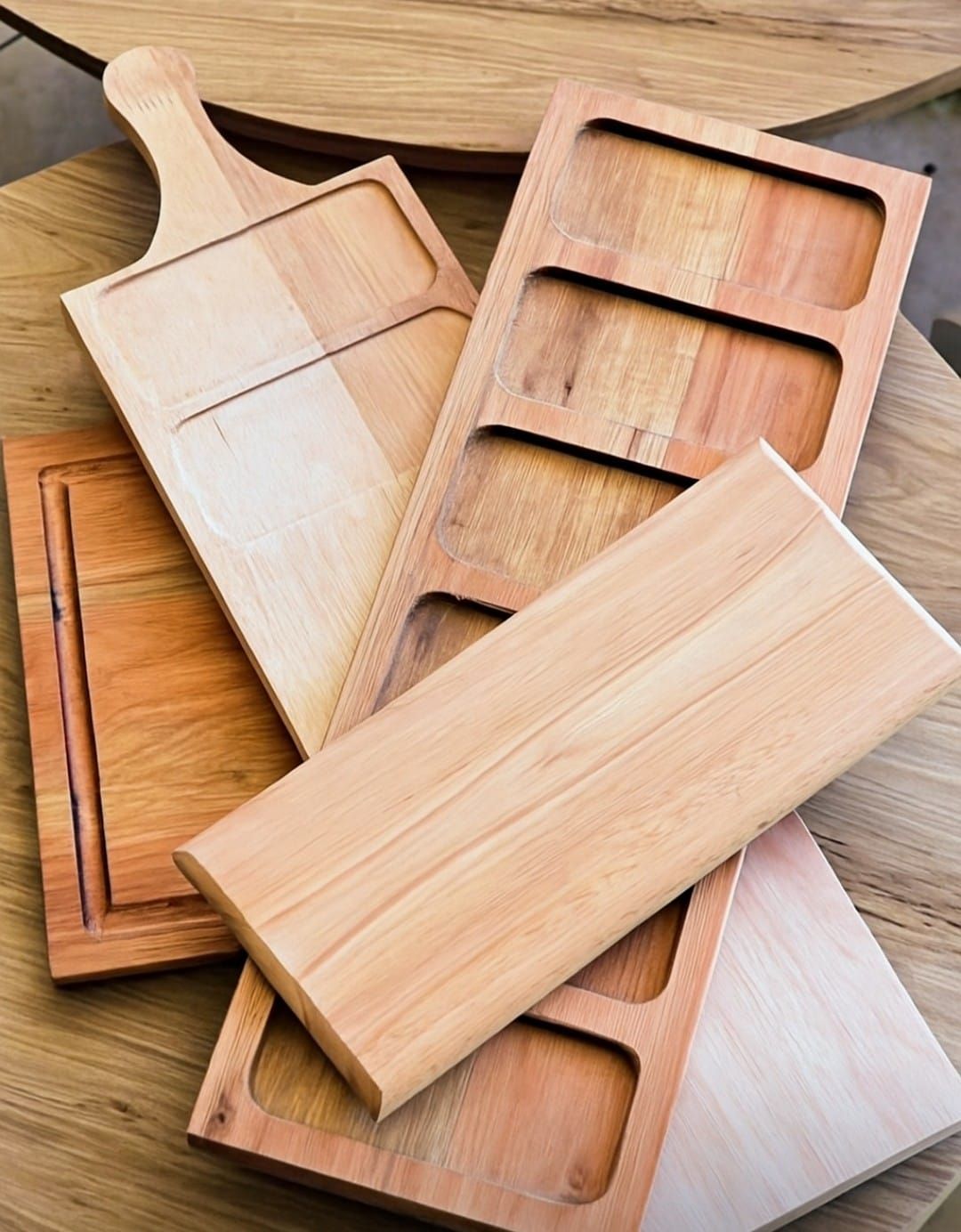 Bandejas de madera para servir, con distintas formas, texturas y patrones de vetas de madera.