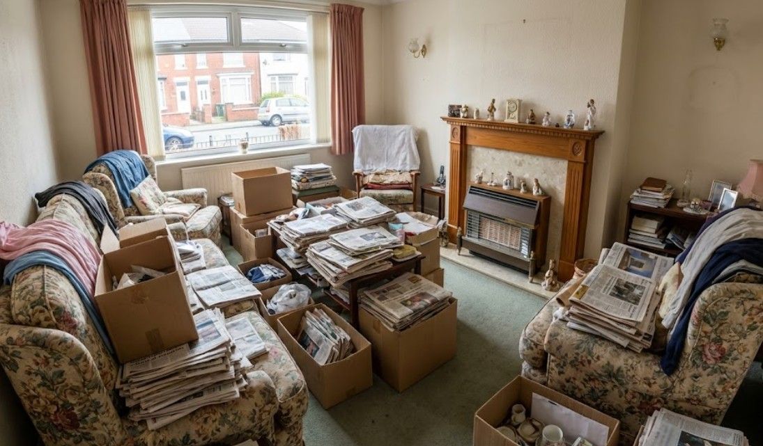 Before a bereavement clearance in a living room cluttered with books, ornaments, and newspapers
