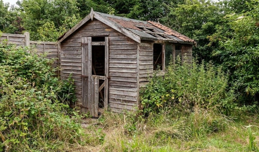 Garden shed before dismantling in Cardiff. The old shed is still standing but in a state of disrepair, with a missing roof and a broken door.