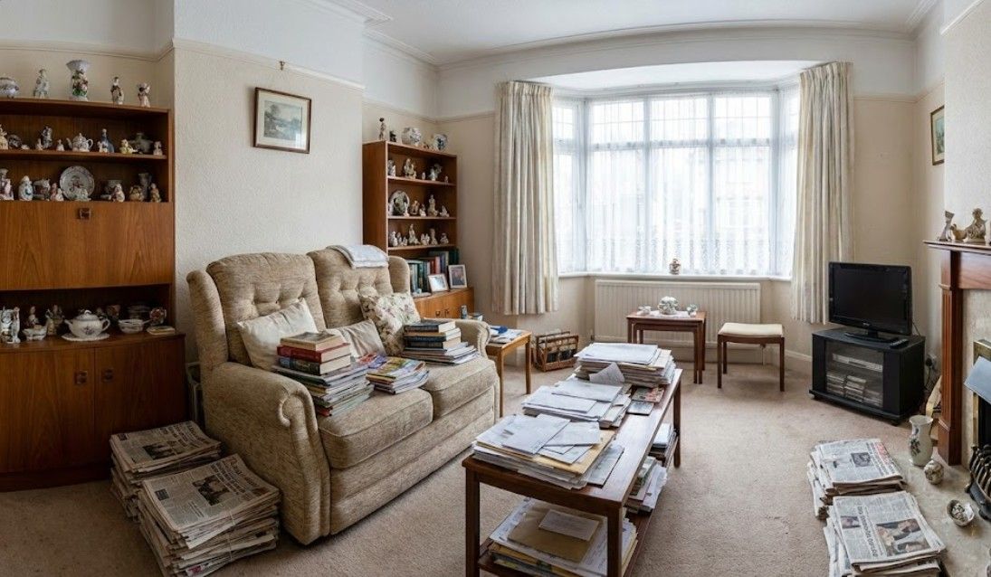 Before a bereavement clearance in a lounge cluttered with books, ornaments, and magazines