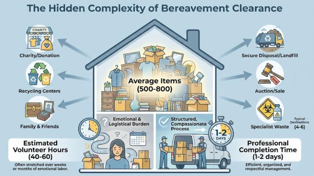 Infographic showing the scale and complexity of typical bereavement house clearance in Cardiff, comparing DIY effort versus professional service timelines
