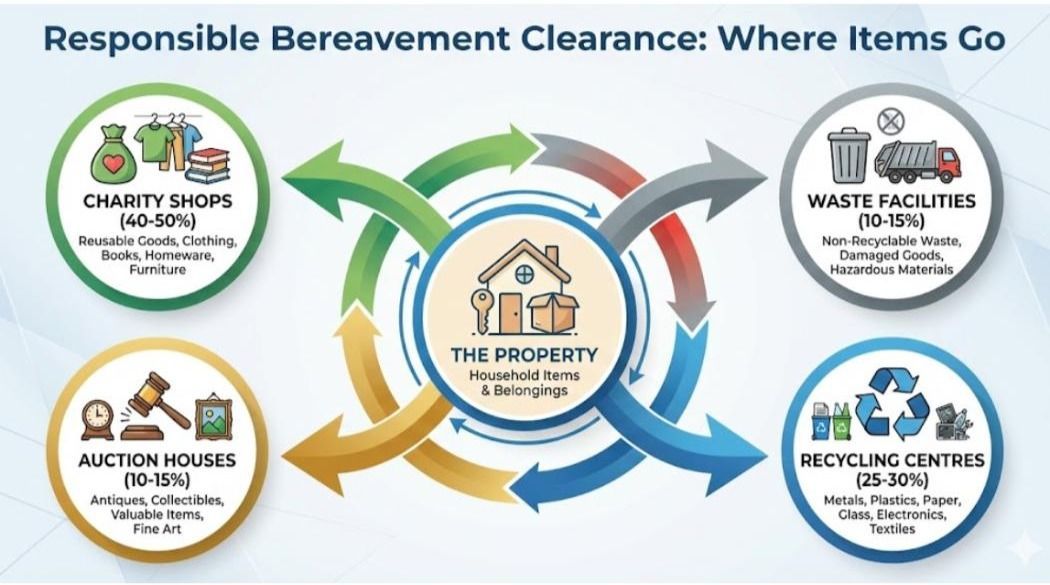 Flow diagram showing responsible distribution of items during bereavement clearance in Cardiff, with percentage breakdown of where belongings typically go