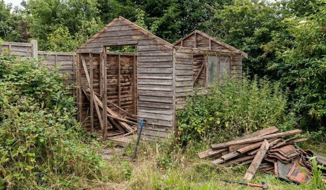 Garden shed part way through removal in Cardiff. The roof has been completely removed, and the left side of the shed is being taken down. Piles of old timber and tiles are on the ground.