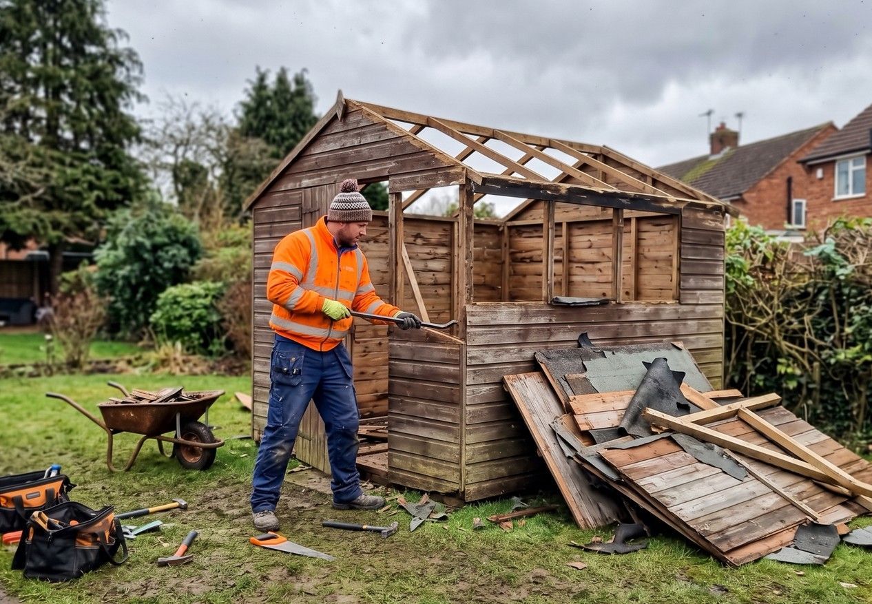 J&Z House Clearance dismantling a shed as part of an overgrown garden clearance in Cardiff