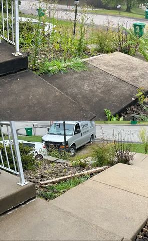 A before and after picture of a concrete walkway with a van parked on it.