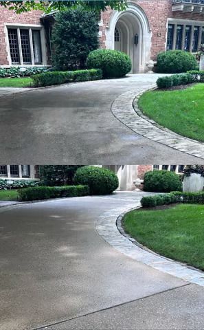 A before and after photo of a driveway in front of a house.
