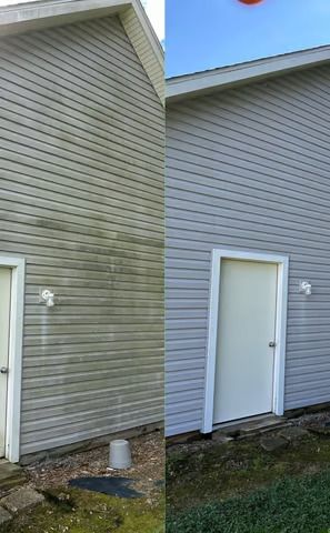 A before and after picture of a house with a white door.