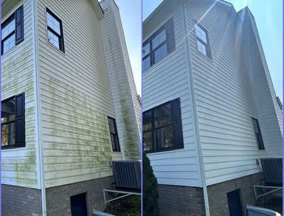 A before and after picture of a house with green siding and black windows.