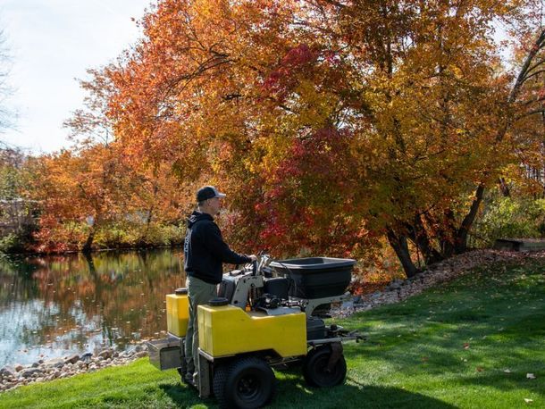 A man is riding a lawn mower on a lush green lawn.